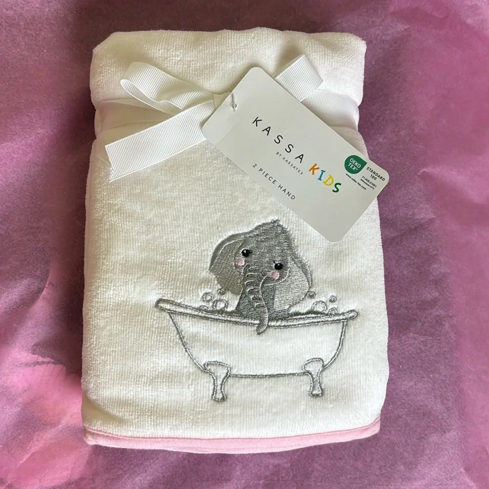 Adorable KASSA kids two (2) piece cotton hand towel set embroidered elephant